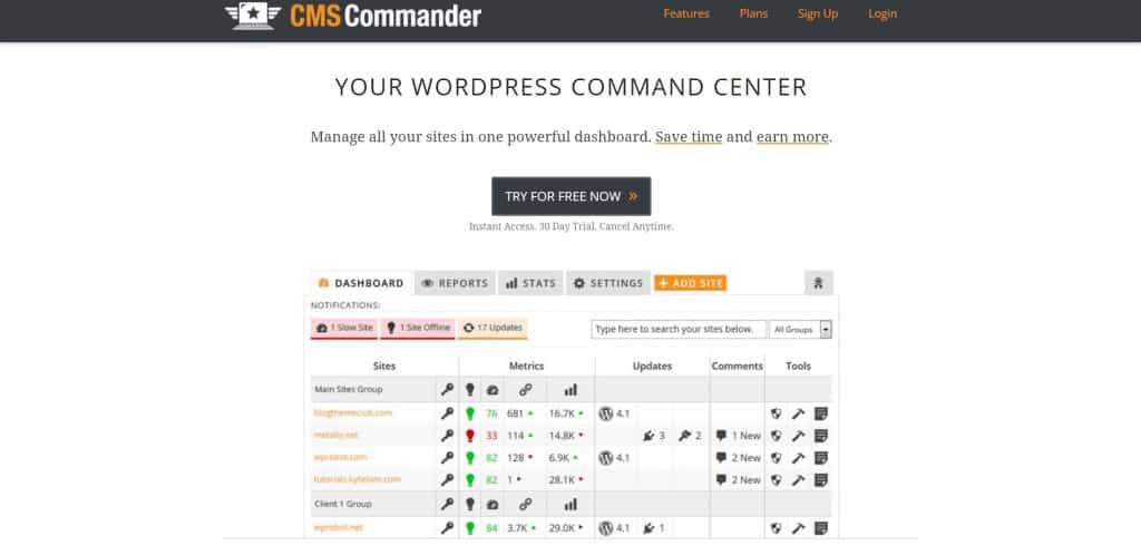 CMS Commander homepage features a free trial button for their 30 day trial.