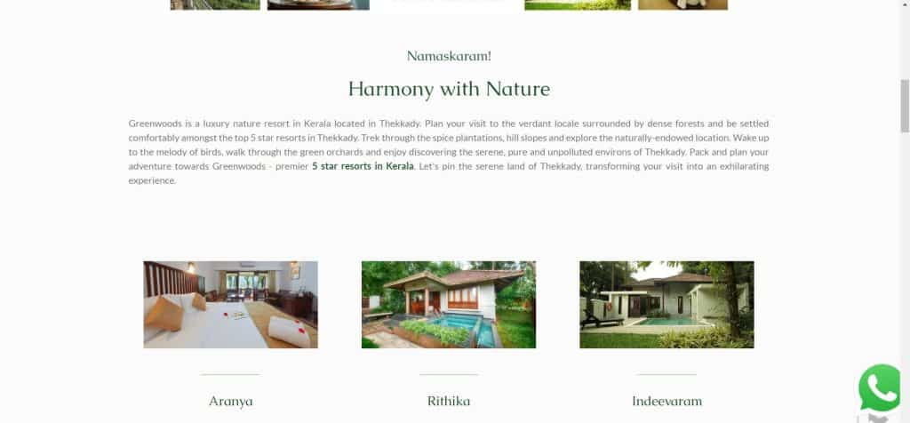 Greenwoods resort uses the color green in its font and images to create a sense of refreshment and tranquility in the user. It emphasizes its connection with nature and wilderness with the color. 