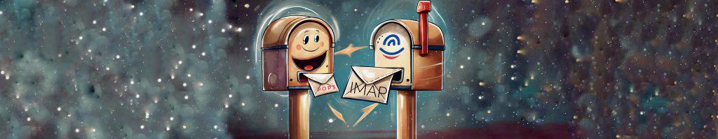 Two cartoon envelopes, one labeled POP3 and the other IMAP, being placed into different styled mailboxes.