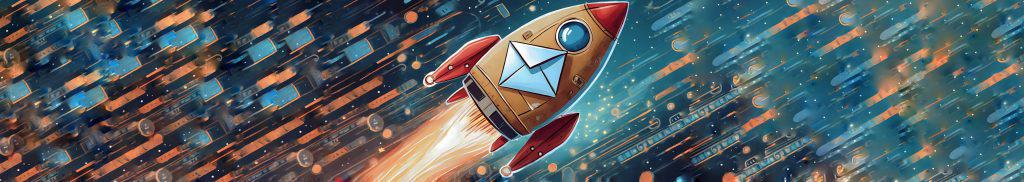 A cute, cartoonish rocket ship with an email envelope on board, launching through a stylized cyberspace